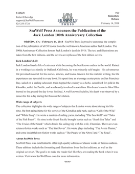 Seawolf Press Announces the Publication of the Jack London 100Th Anniversary Collection