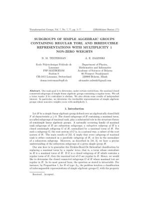 Subgroups of Simple Algebraic Groups Containing Regular Tori, and Irreducible Representations with Multiplicity 1 Non-Zero Weights