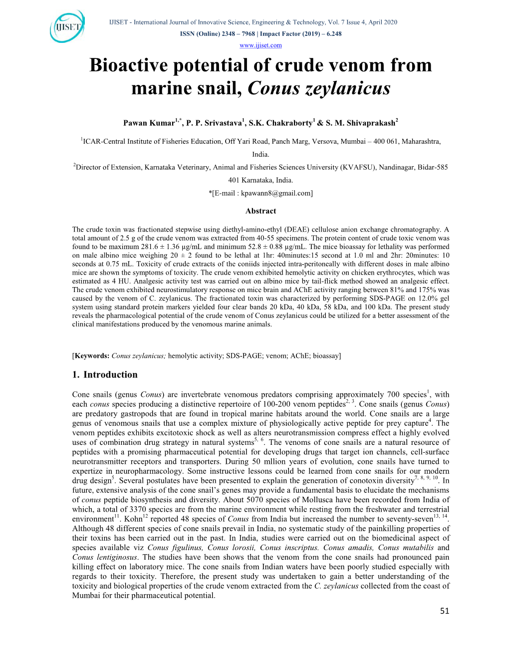 Bioactive Potential of Crude Venom from Marine Snail, Conus Zeylanicus