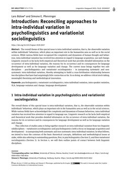 Introduction: Reconciling Approaches to Intra-Individual Variation in Psycholinguistics and Variationist Sociolinguistics