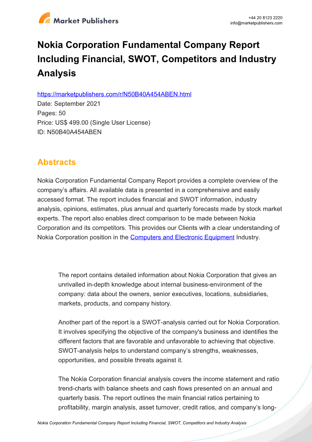 Nokia Corporation Fundamental Company Report Including
