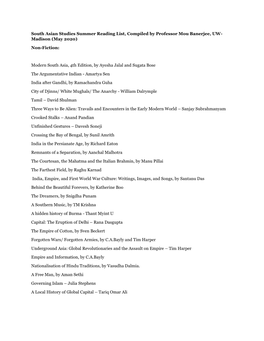 South Asian Studies Summer Reading List, Compiled by Professor Mou Banerjee, UW- Madison (May 2020)