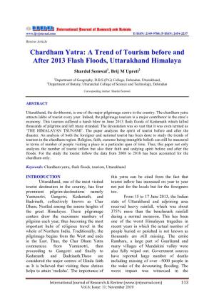 Chardham Yatra: a Trend of Tourism Before and After 2013 Flash Floods, Uttarakhand Himalaya