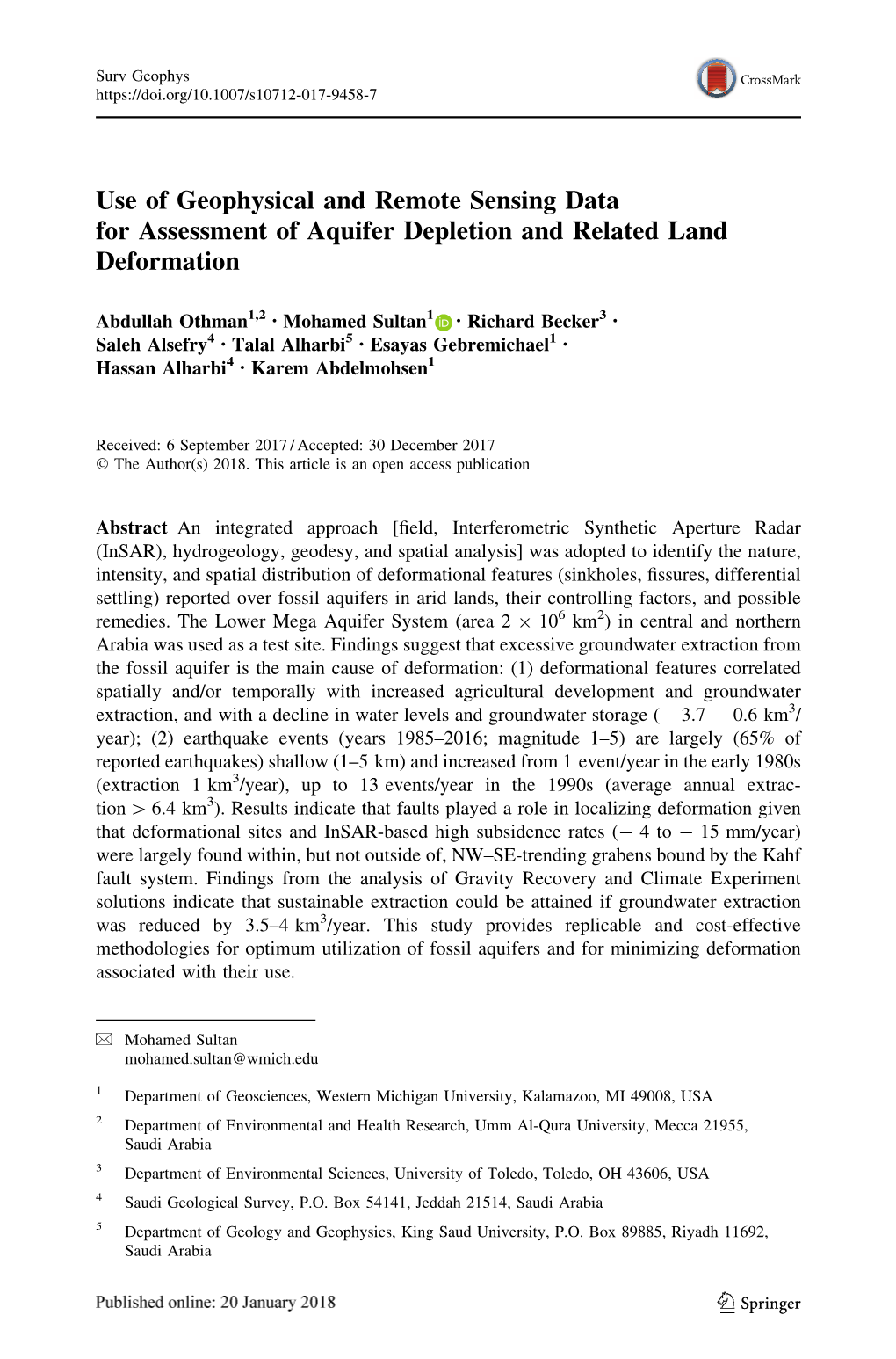 Use of Geophysical and Remote Sensing Data for Assessment of Aquifer Depletion and Related Land Deformation