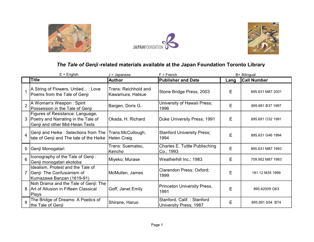 The Tale of Genji -Related Materials Available at the Japan Foundation Toronto Library