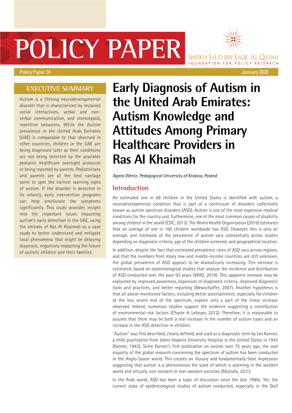 POLICY PAPER Early Diagnosis of Autism in the United