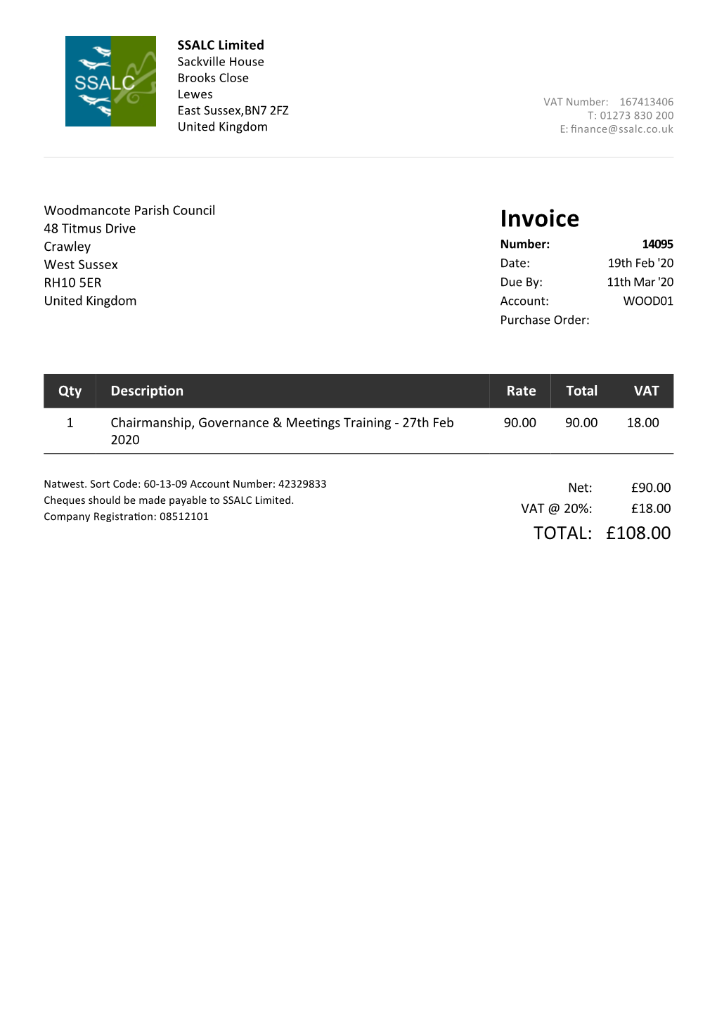 Invoice Crawley Number: 14095 West Sussex Date: 19Th Feb '20 RH10 5ER Due By: 11Th Mar '20 United Kingdom Account: WOOD01 Purchase Order