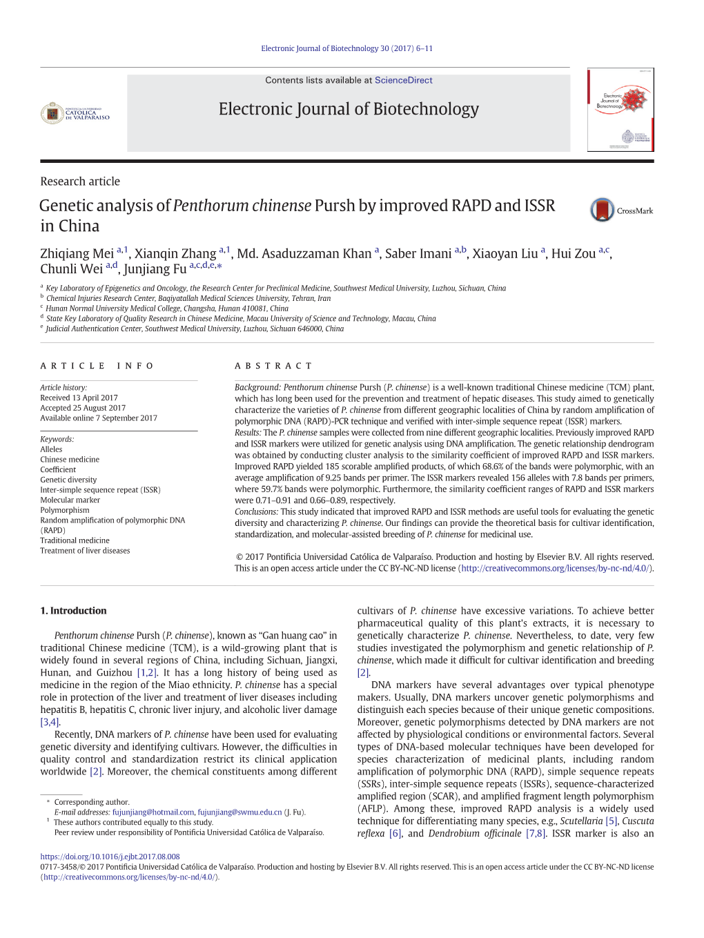 Genetic Analysis of Penthorum Chinense Pursh by Improved RAPD and ISSR in China