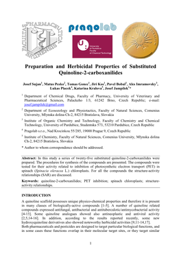 Preparation and Herbicidal Properties of Substituted Quinoline-2-Carboxanilides