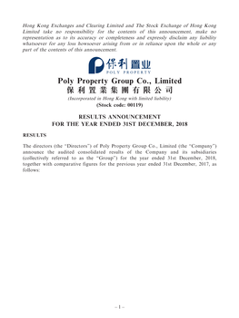 Poly Property Group Co., Limited 保利置業集團有限公司 (Incorporated in Hong Kong with Limited Liability) (Stock Code: 00119)