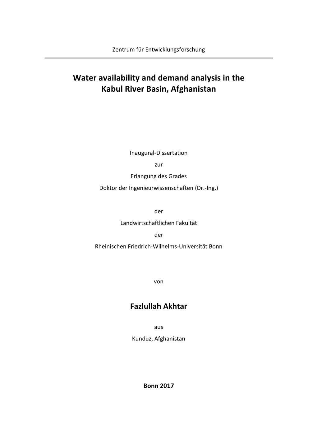 Water Availability and Demand Analysis in the Kabul River Basin, Afghanistan