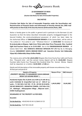 Auction Sale Notice for Sale of Immovable Properties