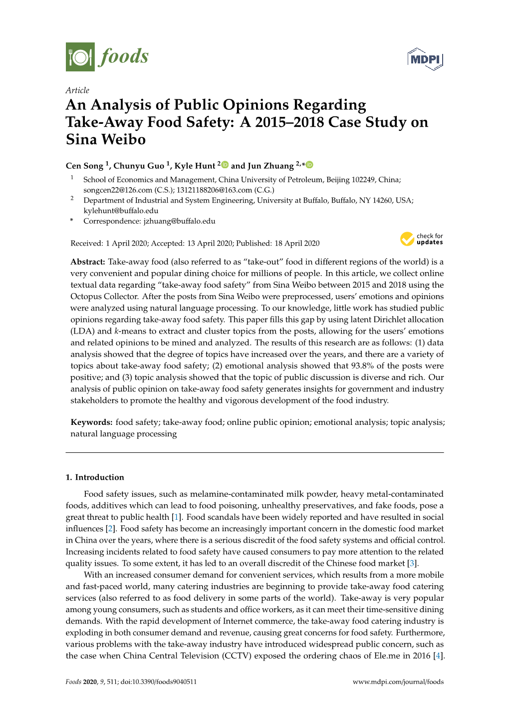 An Analysis of Public Opinions Regarding Take-Away Food Safety: a 2015–2018 Case Study on Sina Weibo