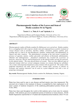 Pharmacognostic Studies of the Leaves and Stem of Diodia Scandens Sw in Nigeria