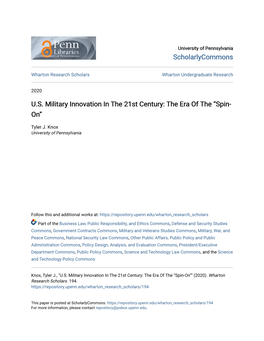 U.S. Military Innovation in the 21St Century: the Era of the “Spin-On”" (2020)