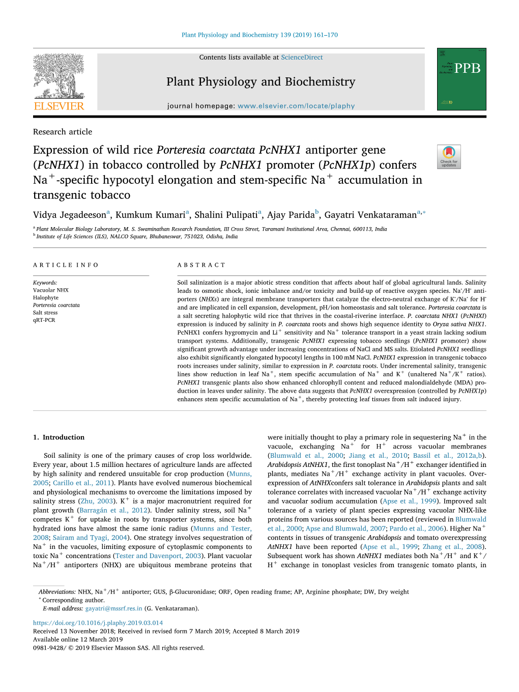 Expression of Wild Rice Porteresia Coarctata Pcnhx1 Antiporter Gene