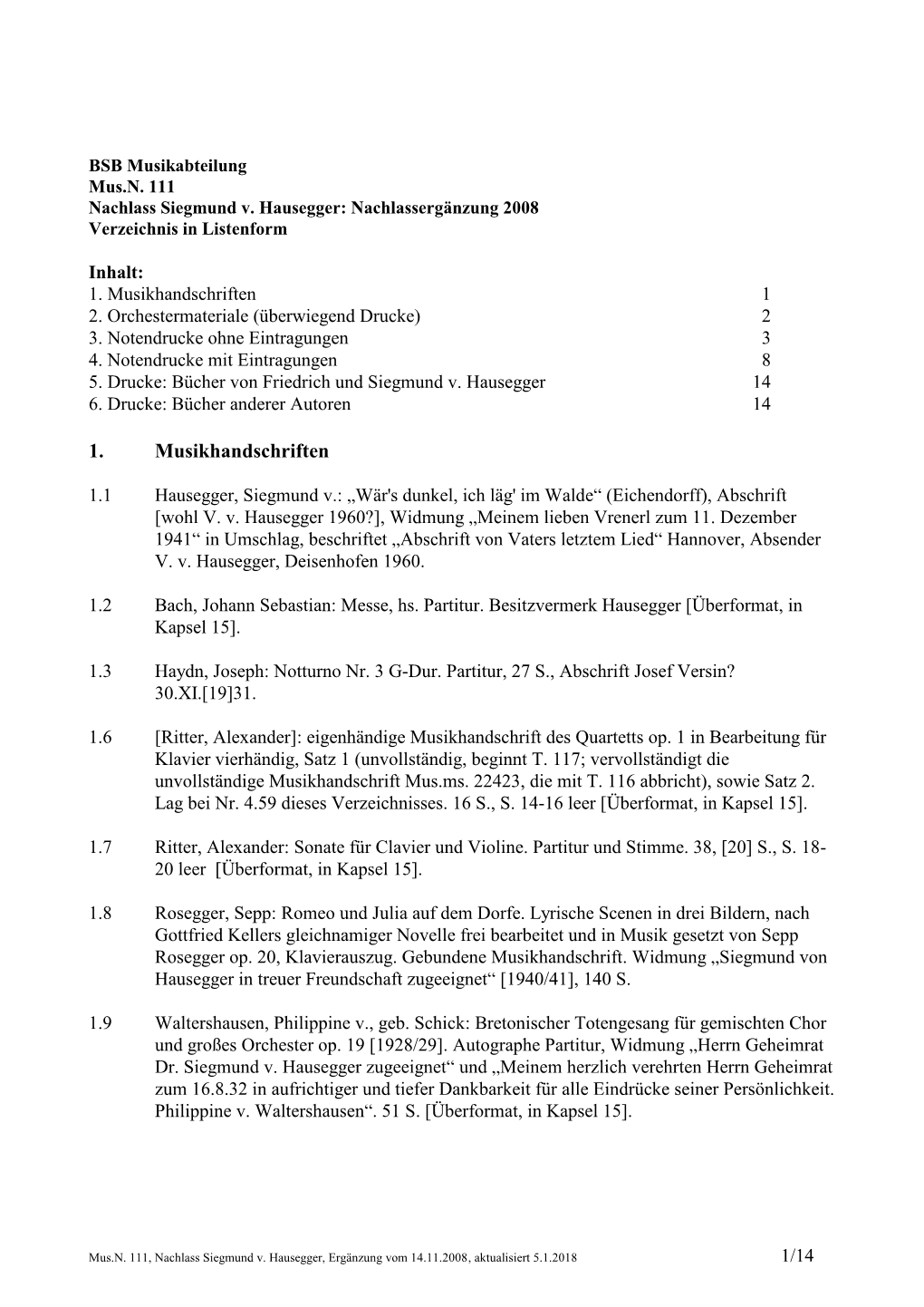 BSB Musikabteilung Mus.N. 111 Nachlass Siegmund V. Hausegger: Nachlassergänzung 2008 Verzeichnis in Listenform