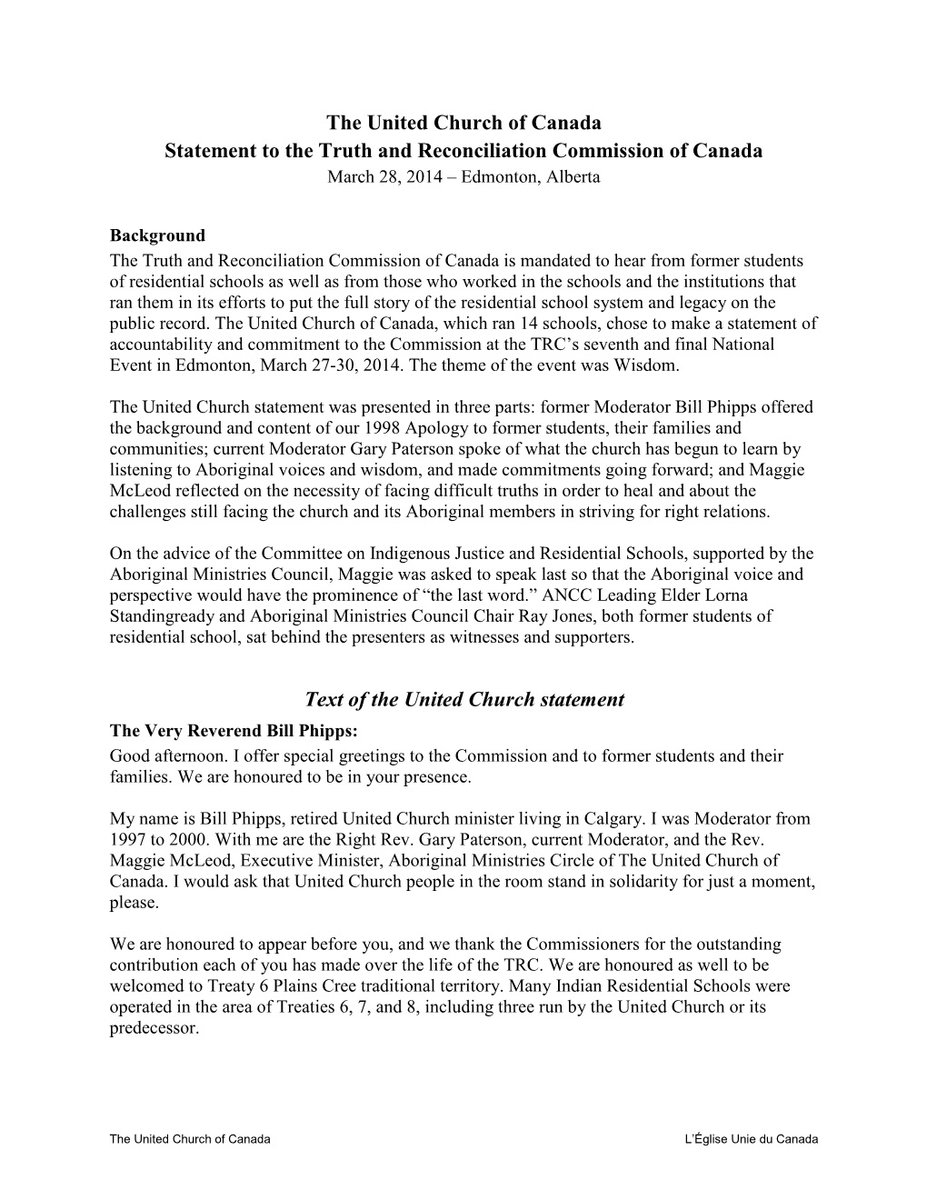 Statement to the Truth and Reconciliation Commission of Canada March 28, 2014 – Edmonton, Alberta