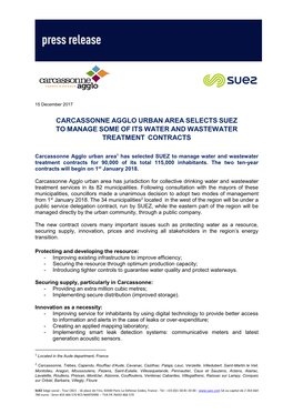 Carcassonne Agglo Urban Area Selects Suez to Manage Some of Its Water and Wastewater Treatment Contracts