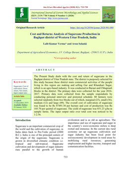 Cost and Returns Analysis of Sugarcane Production in Baghpat District of Western Uttar Pradesh, India