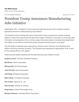 President Trump Announces Manufacturing Jobs Initiative