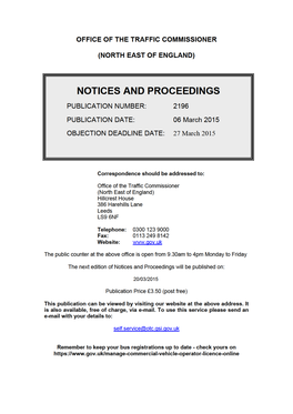 Notices and Proceedings 2196 for the North East of England, 6 March 2015
