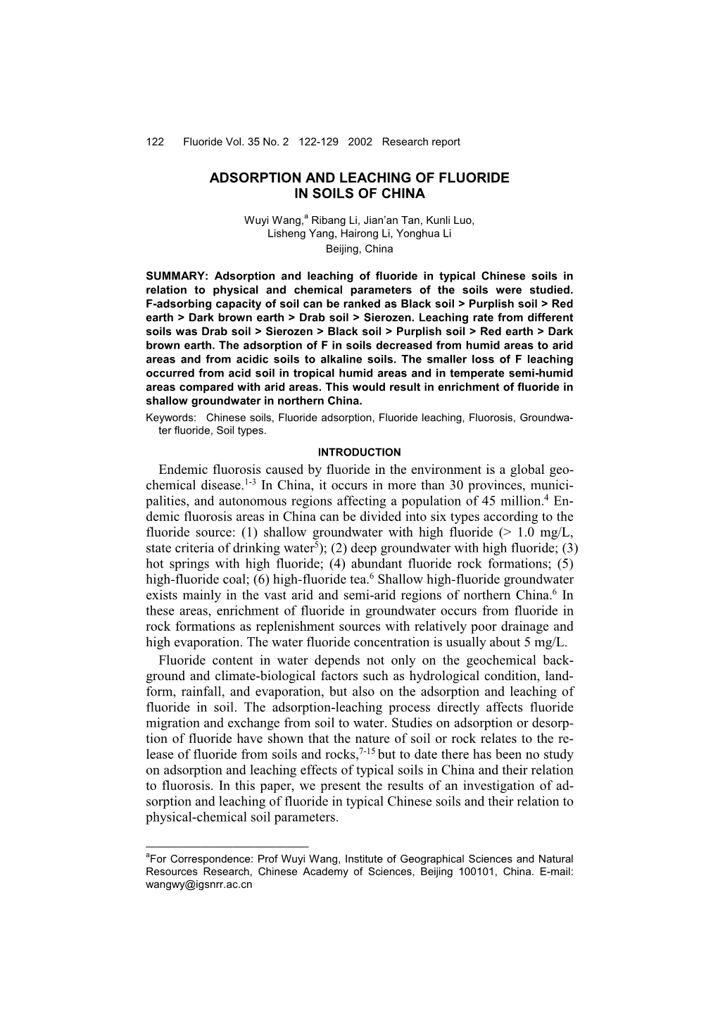 Adsorption and Leaching of Fluoride in Soils of China