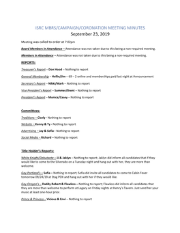 ISRC MBRS/CAMPAIGN/CORONATION MEETING MINUTES September 23, 2019