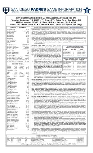 Padres Game Notes Vs