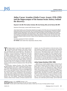 Julius Caesar Arantius (Giulio Cesare Aranzi, 1530–1589) and the Hippocampus of the Human Brain: History Behind the Discovery