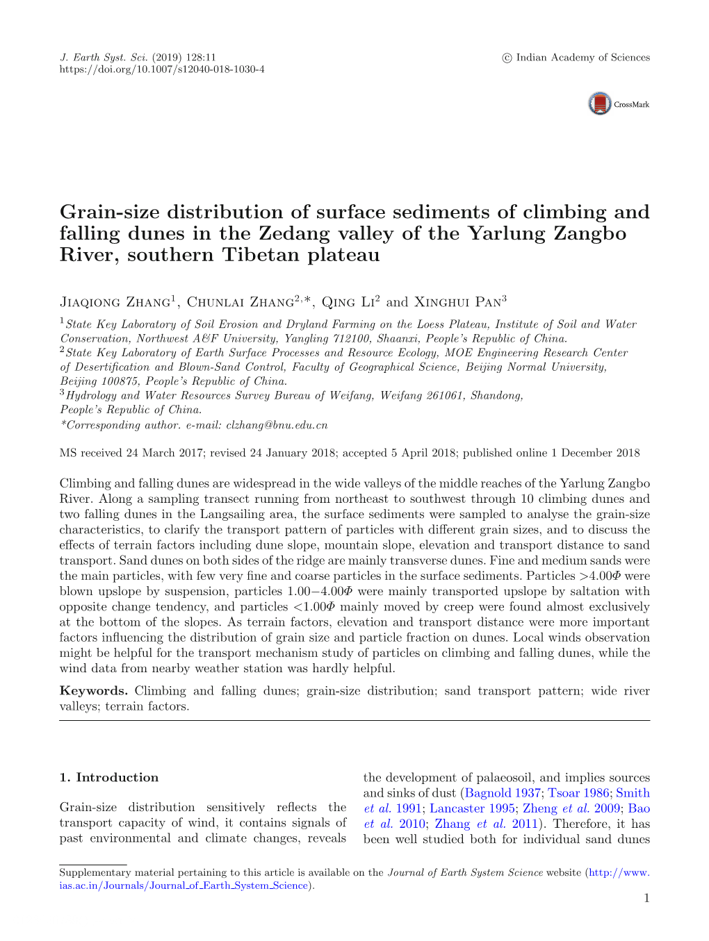 Grain-Size Distribution of Surface Sediments of Climbing and Falling Dunes in the Zedang Valley of the Yarlung Zangbo River, Southern Tibetan Plateau