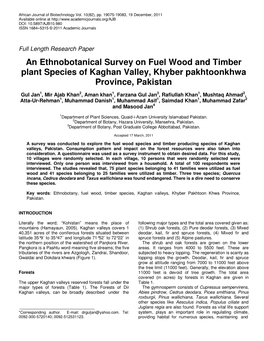 An Ethnobotanical Survey on Fuel Wood and Timber Plant Species of Kaghan Valley, Khyber Pakhtoonkhwa Province, Pakistan