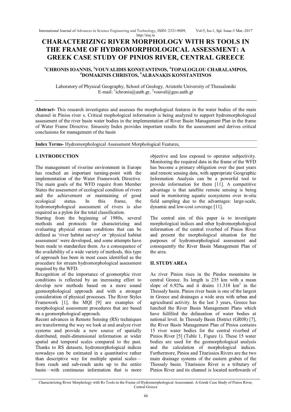 Characterizing River Morphology with Rs Tools in the Frame of Hydromorphological Assessment: a Greek Case Study of Pinios River, Central Greece