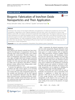 Biogenic Fabrication of Iron/Iron Oxide Nanoparticles and Their Application Khwaja Salahuddin Siddiqi1, Aziz Ur Rahman2, Tajuddin2 and Azamal Husen3*