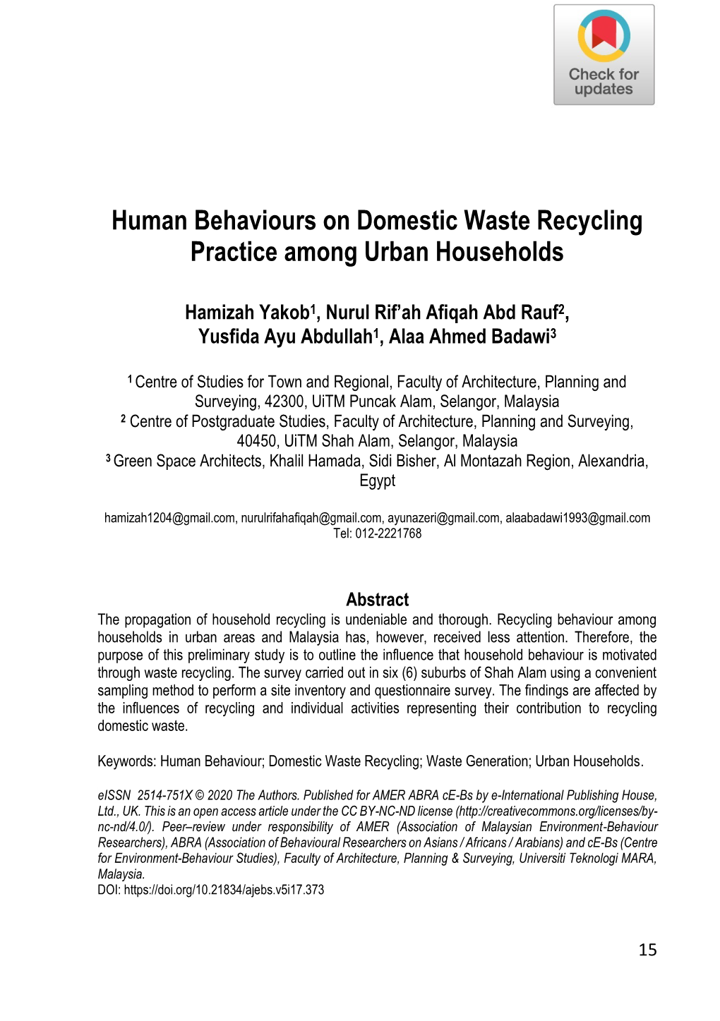 Human Behaviours on Domestic Waste Recycling Practice Among Urban Households