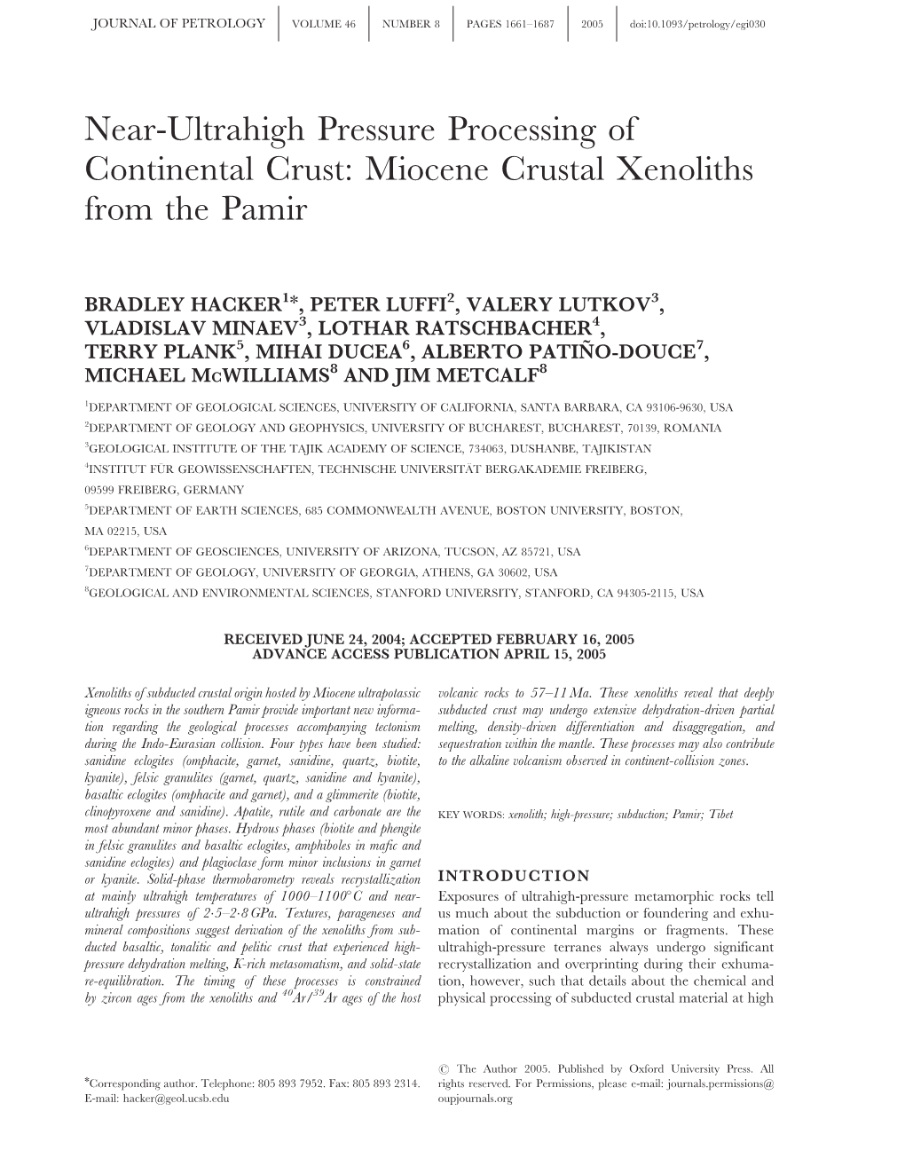 Miocene Crustal Xenoliths from the Pamir