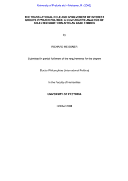 The Transnational Role and Involvement of Interest Groups in Water Politics: a Comparative Analysis of Selected Southern African Case Studies