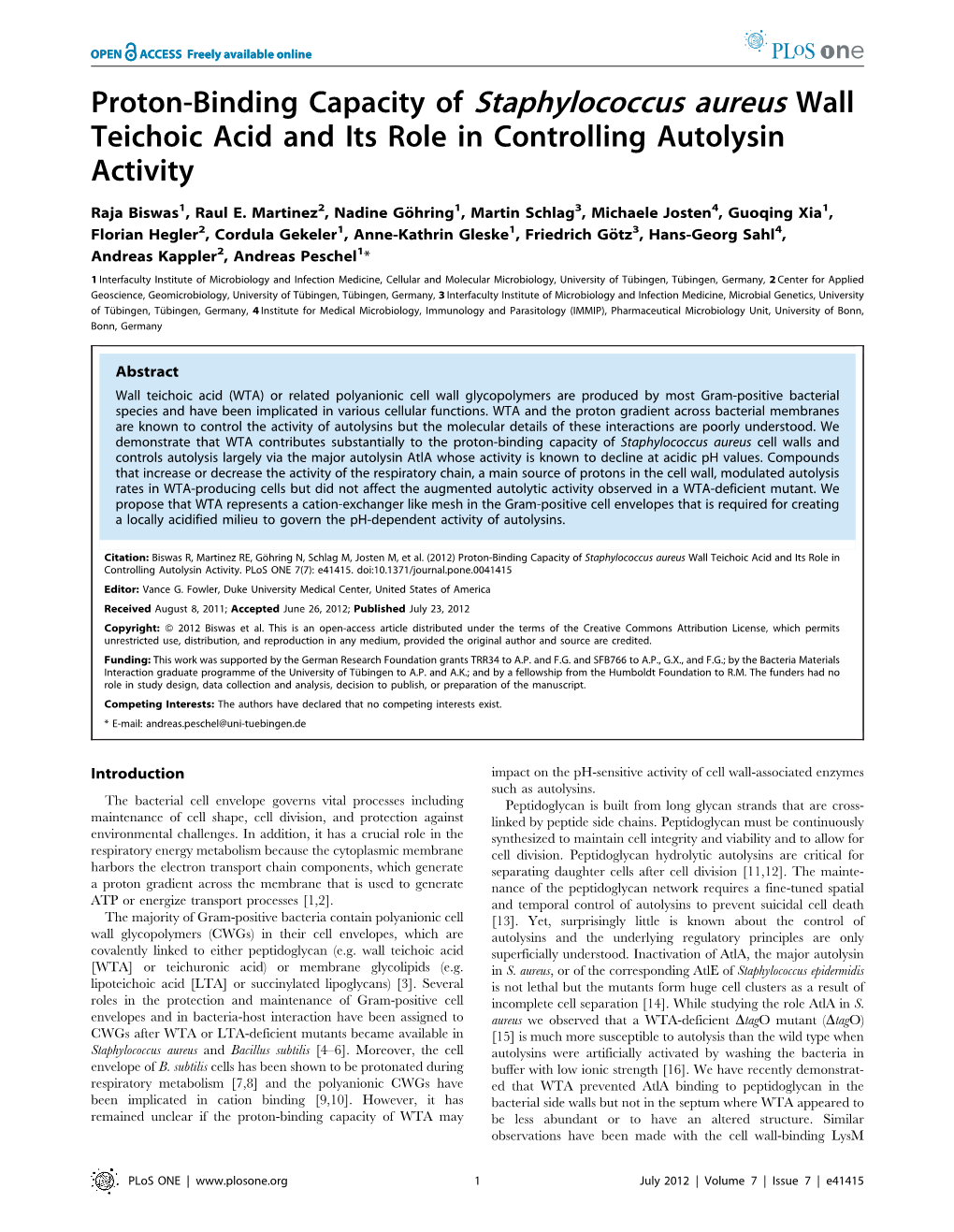 Proton-Binding Capacity of Staphylococcus Aureus Wall Teichoic Acid and Its Role in Controlling Autolysin Activity