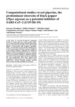 Computational Studies Reveal Piperine, the Predominant Oleoresin of Black Pepper (Piper Nigrum) As a Potential Inhibitor of SARS-Cov-2 (COVID-19)