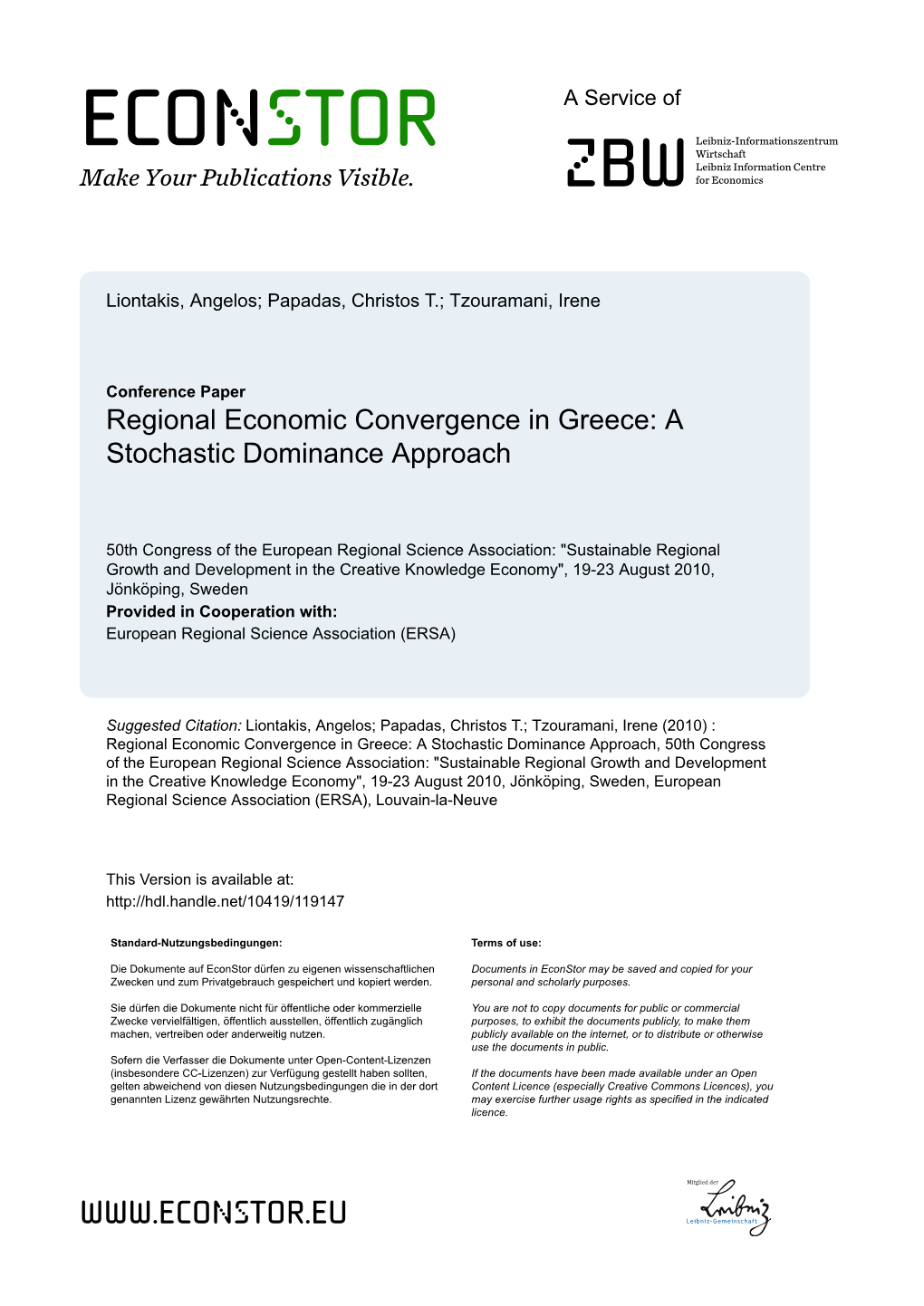 Regional Economic Convergence in Greece: a Stochastic Dominance Approach