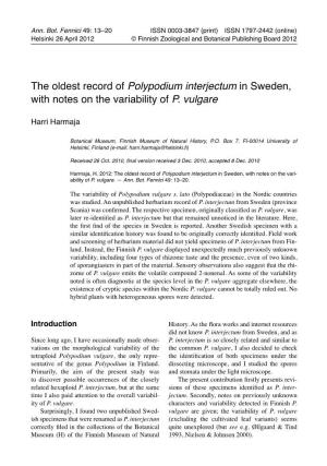 Polypodium Interjectum in Sweden, with Notes on the Variability of P