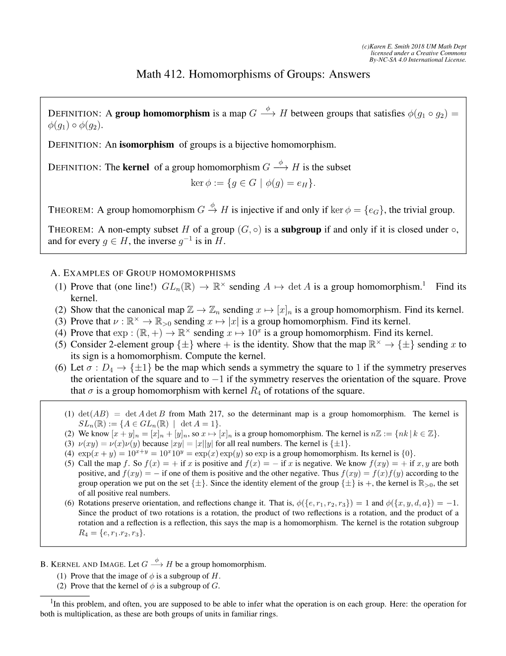 Math 412. Homomorphisms of Groups: Answers