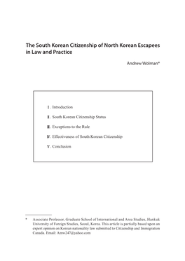The South Korean Citizenship of North Korean Escapees in Law and Practice