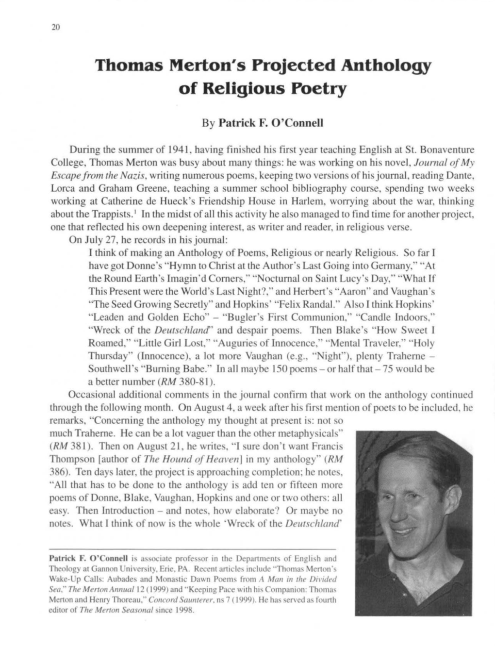 Thomas Merton's Projected Anthology of Religious Poetry