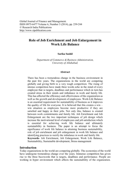Role of Job Enrichment and Job Enlargement in Work Life Balance