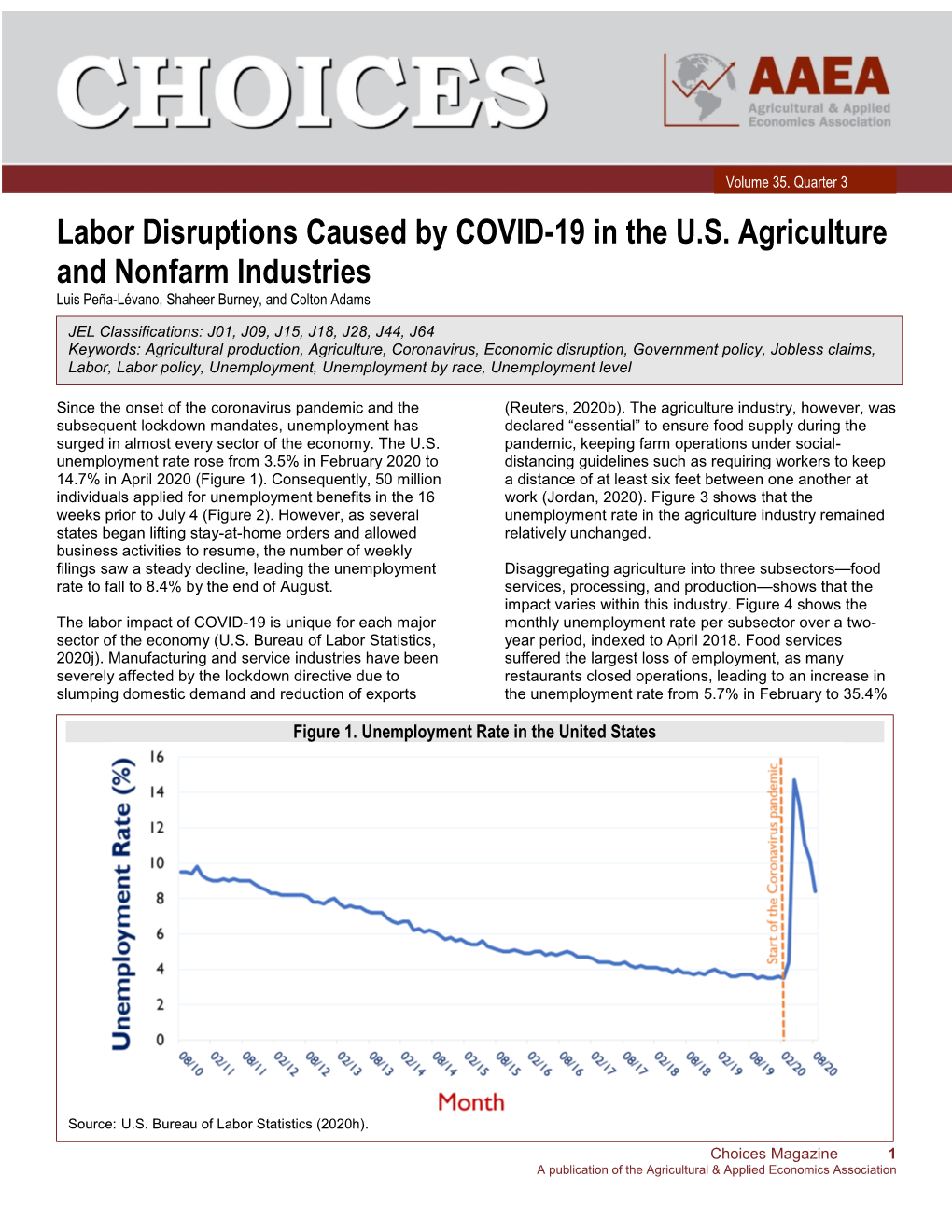 Labor Disruptions Caused by COVID-19 in the U.S. Agriculture and Nonfarm Industries Luis Peña-Lévano, Shaheer Burney, and Colton Adams