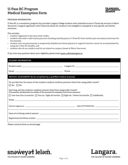 U-Pass BC Program Medical Exemption Form