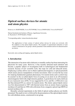 Optical Surface Devices for Atomic and Atom Physics