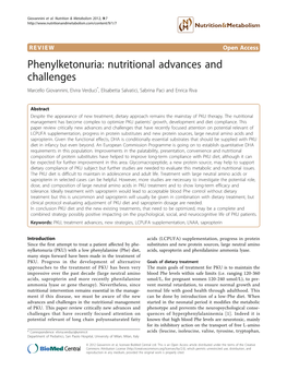 Phenylketonuria: Nutritional Advances and Challenges Marcello Giovannini, Elvira Verduci*, Elisabetta Salvatici, Sabrina Paci and Enrica Riva