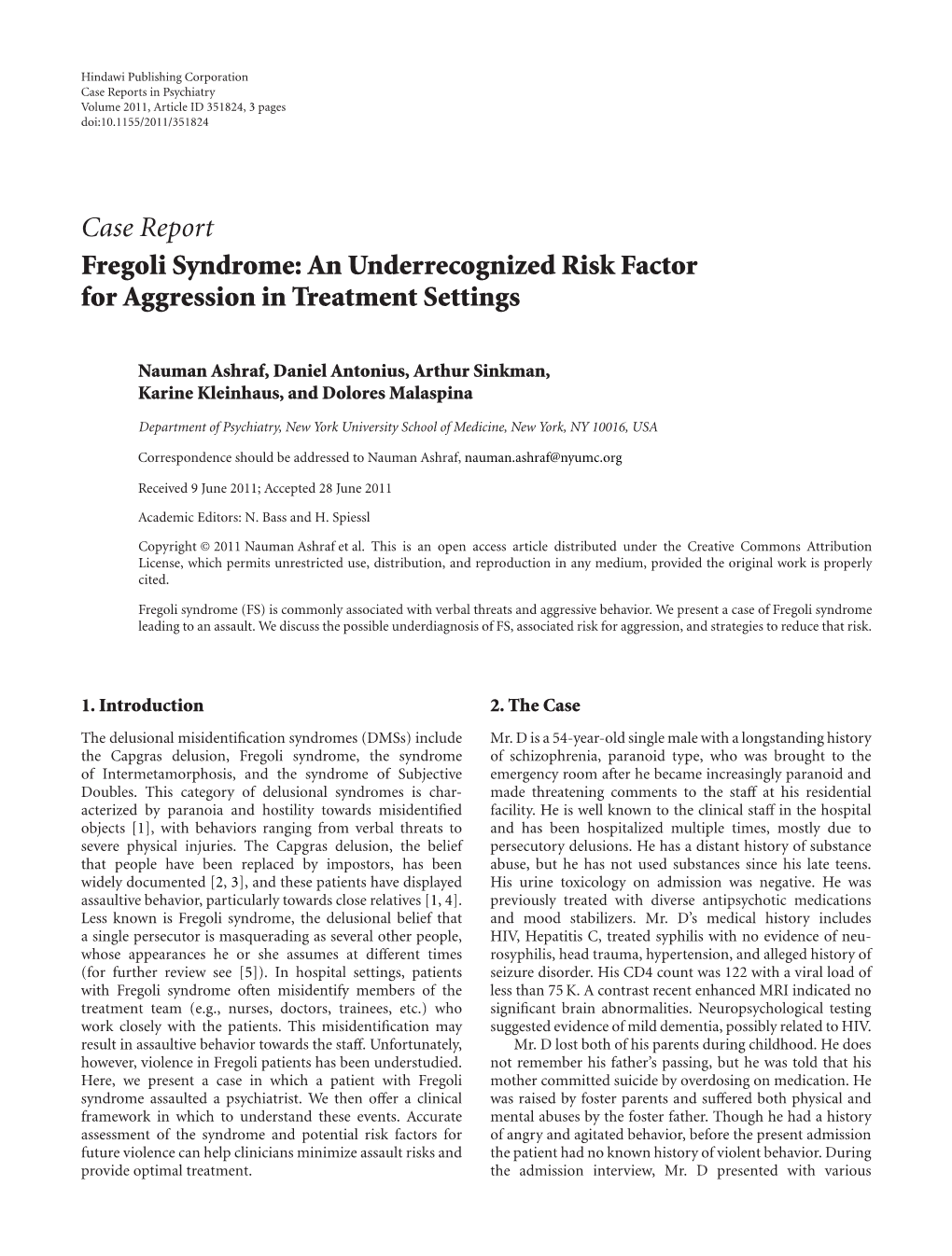 Case Report Fregoli Syndrome: an Underrecognized Risk Factor for Aggression in Treatment Settings